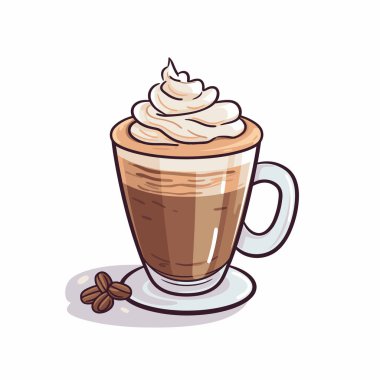 Bu illüstrasyonda, üzerinde krem şanti ve yanında kahve çekirdekleri bulunan pürüzsüz kahverengi sıvıyla dolu dumanı tüten bir fincan kahve sergileniyor..