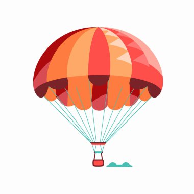 Turuncu ve kırmızı çizgili canlı bir paraşüt zarif bir şekilde gökten iner. Sahne, açık gökyüzünün altındaki yeşil bir araziye yaklaşan açık hava macerasının heyecanını yakalıyor..