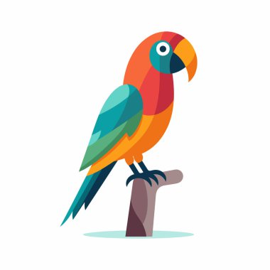 Bir dalda turuncu, yeşil ve mavi renkli canlı bir papağan duruyor. Tropik dekor, kuşun çarpıcı görünümünü vurgulayan hafif bir arkaplan içeriyor..
