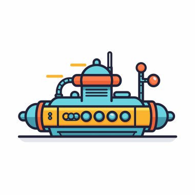 Canlı bir denizaltı, parlak renkler ve farklı özellikler içeren eski bir stil ile tasvir edilir..