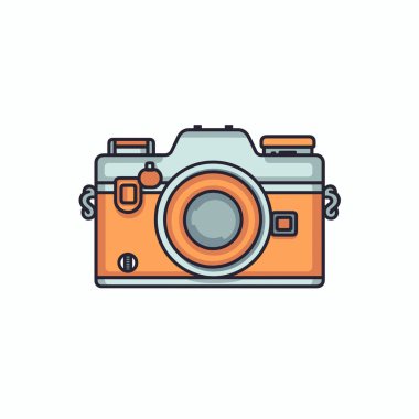 Turuncu detaylar ve retro estetik içeren klasik bir kamera sergileniyor ve fotoğrafçılara çekici geliyor. Tasarım, anıları yakalama konusunda basitlik ve nostalji vurguluyor..