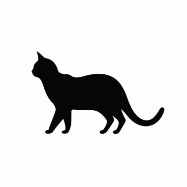 Siyah bir kedi silueti, düz beyaz bir arka plana karşı yürüyen bir poz içinde yakalanır. Minimalist tasarım kedinin zarif şeklini ve özelliklerini vurgular..