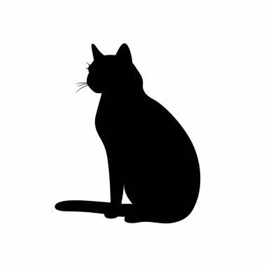 Siyah bir kedi profilde oturuyor, sağa bakıyor. Pürüzsüz silueti, kedinin zarif duruşunu ve açık bir arkaplanda çerçevelenmiş belirgin özelliklerini vurgular..