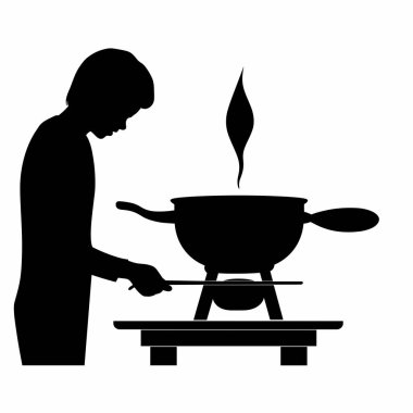 Mutfak buharı yükselirken bir kişi fırının tepesinde ustalıkla demlik karıştırıyor. Mutfak ayarları basit, ev yapımı bir yemek hazırlandığını gösteriyor..