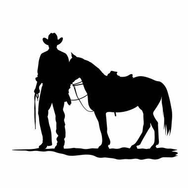 Kırsal bir ortamda, gün batımında siluetli bir çiftlik sahibi bir atın yanında duruyor. Sıcak parıltı ufuk boyunca uzanan şekilleri vurgular, huzurlu ve huzurlu bir atmosfer yaratır..