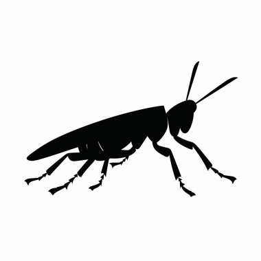 Bir çekirgenin siyah silueti, uzun bacaklar ve anten gibi belirgin özelliklerini düz bir arkaplanda sergiler..
