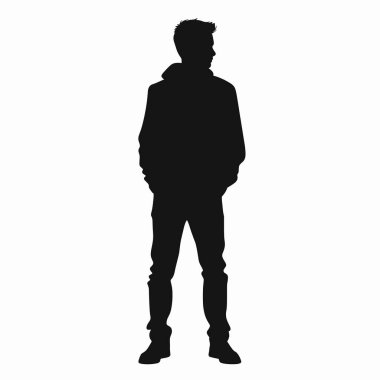 Sade bir arka planda silueti olan bir insan hareketsiz durur. Şekil rahat bir duruş sergiliyor, eller cepte, akşamın soluk ışığında sükuneti iletiyor.