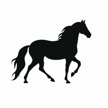 Bir atın siyah silueti, zarif duruşunu ve dalgalı yelesini sergiliyor. Minimalist tasarım düz bir zemine karşı atın gücünü ve güzelliğini vurgular..