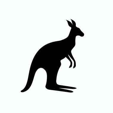 Bir kangurunun siyah silueti hafif bir arka plana doğru orta sıçrayışta görüntülenir ve kendine özgü duruşunu gösterir. Sahne, doğal bir ortamda hareket ve özgürlük hissi uyandırıyor..