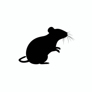 Küçük bir kemirgenin siyah silueti dik duruyor, uzun bıyıklarını ve kıvrık kuyruğunu gösteriyor. Bu neşeli poz, bu canlı yaratığın karakterini ve özelliklerini vurguluyor..