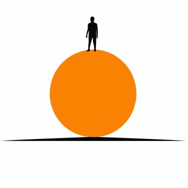 Bir kişinin silueti büyük bir turuncu kürenin üzerinde güvenle duruyor, arka plan en az seviyede kalırken çarpıcı bir gölge bırakıyor, yaratıcı bir kompozisyonda cesur renk ve şekilleri vurguluyor..