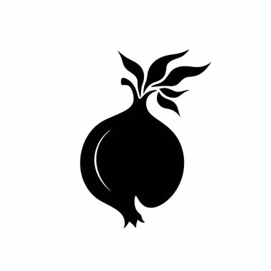 Siyah bir siluet, meyvenin eşsiz şeklini ve hafif arkaplan üzerindeki özelliklerini gösteren farklı yapraklı bir narı temsil eder. Bu tasarım basitliği ve zarafeti vurgular..