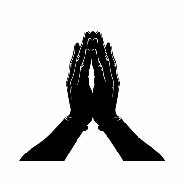 İki siyah el dua etmek için birbirine bastırılır. Bu saygılı konum, sade bir arkaplan karşısında belirlenen minnettarlık, umut ve maneviyatı ifade eder..