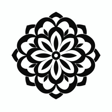 Simetrik şekiller, yapraklar ve yapraklardan oluşan dairesel bir deseni olan detaylı bir çiçek tasarımı. Siyah renk, açık bir arkaplan karşısında zarafeti vurguluyor..