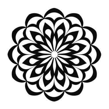 Karmaşık çiçek elementleri büyüleyici bir simetrik desen oluşturur. Siyah ve beyaz tasarım, merkezi bir noktadan yayılan taç yaprağı benzeri şekiller içerir ve görsel olarak dengeli bir kompozisyon oluşturur..