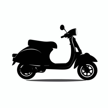 Klasik bir scooter silueti arka planda belirgin bir şekilde duruyor, geriye dönük kıvrımlarını ve klasik çekiciliğini vurguluyor. Tasarım, motorun tekerleklerini ve gidonu vurguluyor..