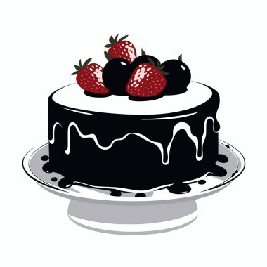 Lezzetli bir çikolatalı pasta beyaz bir tabakta zarif bir şekilde sergilenir. Üzerinde taze çilek ve yaban mersiniyle süslenmiş parlak bir ganache jölesi barındırarak canlı bir kontrast oluşturuyor..