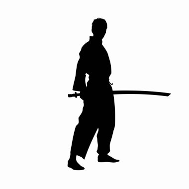 Yetenekli bir savaşçı dinamik bir duruşta durur, iki eliyle bir katana tutar, eğitime hazırdır. Güç ve hassasiyet odaklı, dövüş sanatları disiplini sergileniyor..