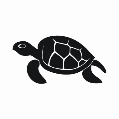 Suda süzülen bir deniz kaplumbağasının siyah silueti beyaz arka planda belirgin bir şekilde yer alır. Kaplumbağanın kabuk deseni ve zarif hareketi bir sakinlik hissi uyandırıyor..