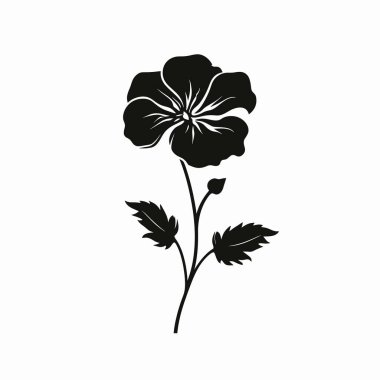 Basit ve zarif bir siyah siluet, karmaşık taç yaprakları ve yaprakları olan bir çiçek sergiliyor ve beyaz arka planda çarpıcı bir görsel karşıtlık yaratıyor. Bu tasarım doğanın güzelliğini vurgular..