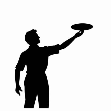 Tek eliyle servis tepsisini nazikçe tutan bir garsonun silüeti. Şık bir şekilde hazırlanmış olması, iyi bir yemek ya da konukseverlik atmosferi olduğunu gösteriyor..