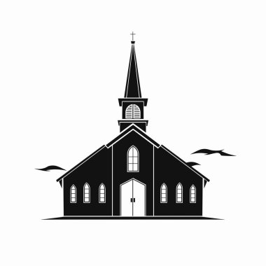 Geleneksel bir kilisenin siluetinde belirgin bir çan kulesi, kemerli pencereler ve hoş geldin kapısı bulunur. Kuşlar etrafta uçar, ortamın sakin atmosferini arttırır..