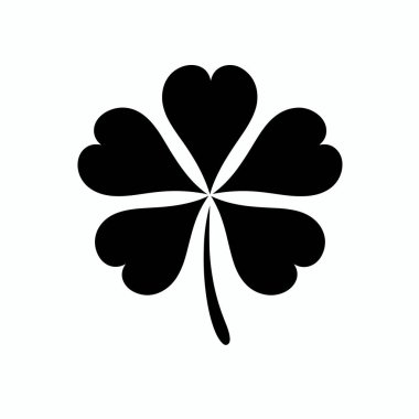 Dört yapraklı yoncanın basit bir siyah silueti açık arkaplanda sergilenir. Bu sembol sık sık iyi şans, refah ve çeşitli kültürlerde olumlu sonuçlarla ilişkilendirilir..