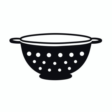 Mutfak tezgahında siyah bir süzgeç oturuyor. Çeşitli gıdaların sıvılarını boşaltmak için birden fazla deliğe sahip olup, yemek ve yemek hazırlamada pratik kullanımını vurguluyor.