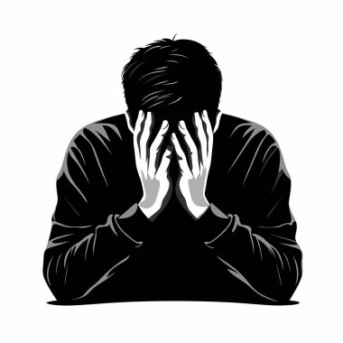 Kafası elinde olan bir insan, karanlık bir ortamda otururken gözle görülür bir duygusal sıkıntı gösterir. Vücut dili, hüzün ve hayal kırıklığını bir anda yansıtır..