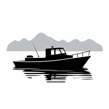 Bir balıkçı teknesinin siyah silueti, şeklini yansıtan sakin sularda yüzer. Arkaplanda yükselen dağlar berrak bir gökyüzünün altında bunun gündüz ve huzurlu olduğunu gösterir..