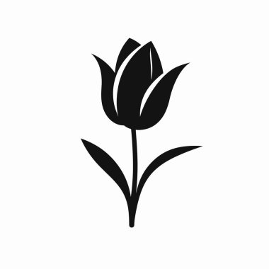 Birden fazla taç yaprağı ve iki yapraklı ince bir gövde içeren çarpıcı siyah bir lale çiçeği silueti. Bu tasarım doğanın basitliğini ve güzelliğini vurgular..