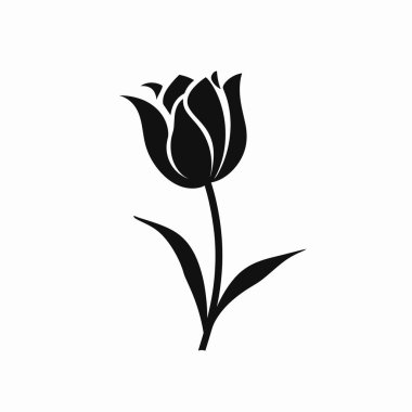 Siyah bir lale silueti beyaz bir zemin üzerinde duruyor, zarif şeklini ve narin taç yapraklarını sergiliyor. Bu tasarım, minimalizmde güzellik ve sükunet taşır..