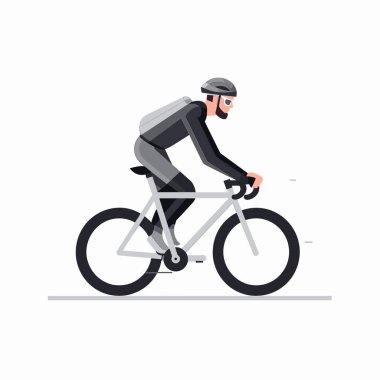 Gösterişli atletizm kıyafetleri giymiş bir bisikletçi, çağdaş bir bisiklete biniyor. Tasarım minimalistik, bisikletçinin dinamik duruşu ve hızına odaklanıyor..