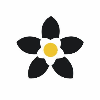 Şekillendirilmiş bir çiçek, parlak sarı bir merkezi çevreleyen beş siyah taç yaprağına sahiptir. Bu tasarım temiz bir arka plana karşı duruyor, onu görsel olarak çarpıcı ve modern kılıyor..