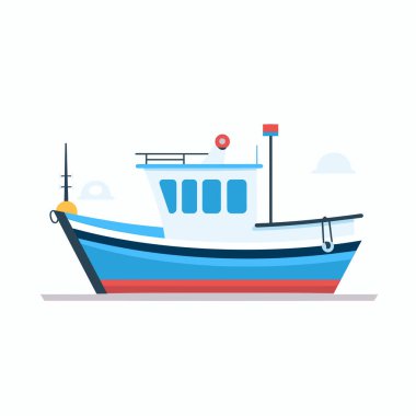 Canlı renklerde bir balıkçı teknesi kıyıya yanaşır. Mavi gökyüzü ve yumuşak bulutlarla sakin bir zemin oluşturur. Tekne su üzerinde bir günlük çalışmaya hazır..