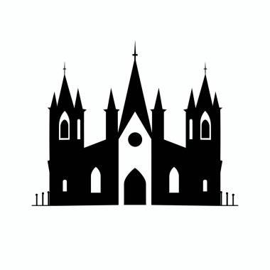 Yüksek kuleleri ve sivri kemerleri olan gotik tarzda detaylı bir bina silueti. Tasarım, tipik gotik yapıların mimari güzelliğini sergiliyor, simetriyi vurguluyor..