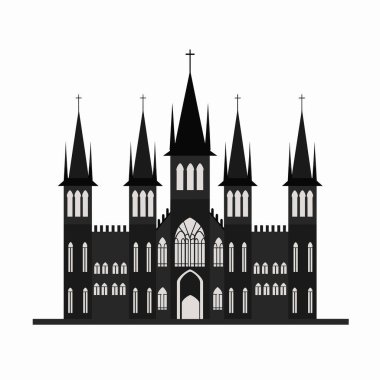 Gotik bir kalenin çarpıcı bir silueti uzun kuleler ve ayrıntılı bir cephe içerir..