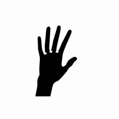 Parmakları açık bir elin siyah silueti beyaz bir arkaplana karşı betimlenir, iletişim ve bağlantı hareketlerini temsil eder, insan etkileşimini vurgular..