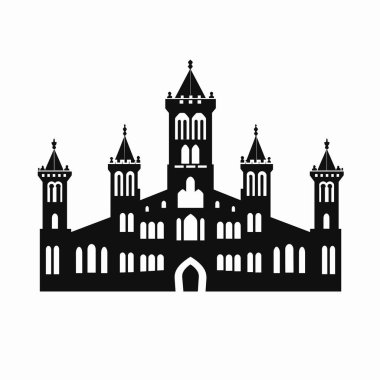 Detaylı bir siluette birden fazla kulesi ve kemerli pencereleri olan görkemli bir kale sergileniyor. Tasarım, çarpıcı bir görsel etki yaratan simetrik elementler ve belirgin bir giriş içeriyor..