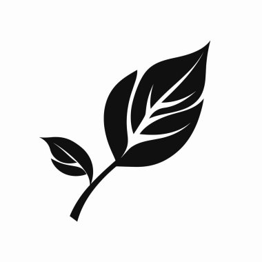 Bir yaprak dalının minimalist siyah siluetinde ayrıntılı damarları olan iki yaprak bulunur. Bu tasarım doğayı ve sürdürülebilirliği sembolize ederken basitliği vurgular..