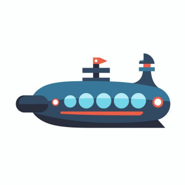 Renkli ve stilize bir denizaltı belirgin dairesel pencereleri ve üzerinde bir bayrak olan açık arkaplan üzerine resmedilmiştir. Bu tasarım deniz keşiflerindeki yaratıcılığı ve kaprisleri vurgular..