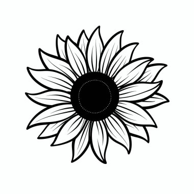 Ayrıntılı bir ayçiçeği illüstrasyonunda karmaşık taç yaprağı tasarımları ve yaratıcı projeler veya boyama faaliyetleri için mükemmel merkezi bir karanlık disk yer almaktadır..