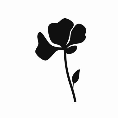 Basit ama zarif siyah bir çiçek silueti beyaz bir arkaplanda duruyor. Çiçekte yumuşak, yuvarlak yapraklar ve ince bir yaprak sapı var. Zarif bir görünüm sergiliyor..