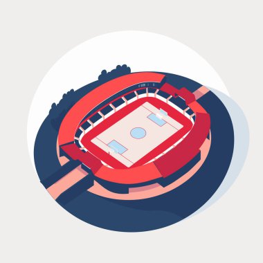 Renkli bir stadyum tasarımı merkezi sahası olan geniş bir arenayı sergiliyor. Çevreleyen yapılar, çeşitli spor etkinlikleri için ideal modern görünümü geliştirir..