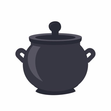 Kapağı olan siyah bir tencere basit bir arka planda duruyor. Tencerenin iki kolu var ve mutfaktaki çeşitli yemek işleri için ideal..