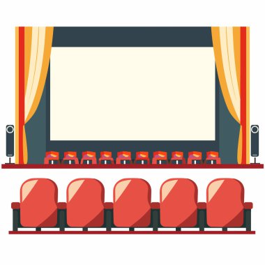 Geniş bir sinema iç mekanında geniş bir boş ekrana bakan kırmızı koltuklar sergileniyor. Sahne parlak renkli perdelerle süslenmiş, yaklaşan bir film gösterimi beklentisi var..