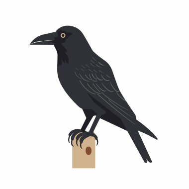 Siyah bir kuzgun, ahşap bir direğin üzerinde, parlak tüylerini ve keskin gözlerini sergiliyor. Minimalist tasarım kuşun zarif siluetini ve doğanın güzelliğini vurgular..