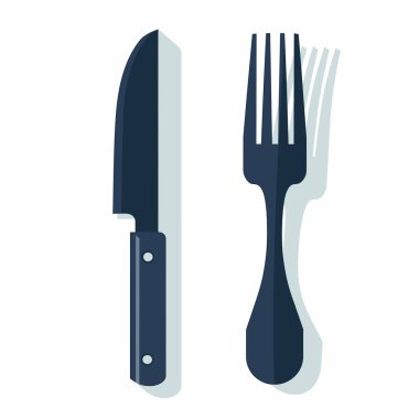 Resim beyaz bir arkaplana karşı yan yana yerleştirilmiş bir çatal ve bıçak gösteriyor. Parlak tasarımlarını ve yemek için işlevselliklerini vurguluyor..