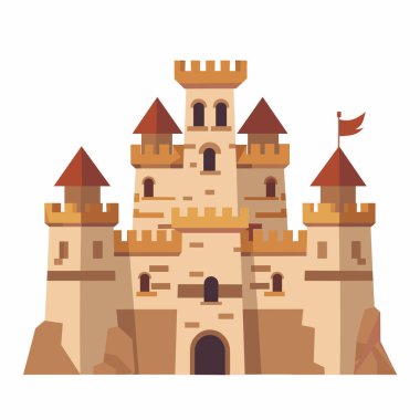 Çizimde birden fazla kulesi, sivri çatıları ve yükseklerde dalgalanan bir bayrağı olan büyük bir ortaçağ kalesi yer alıyor. Yapı, ihtişamını ve tarihsel tarzını sergileyen kayalık bir zemine kurulmuştur..