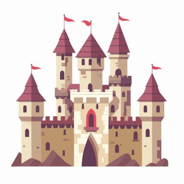 Bu resimde, arka planda birden fazla kulesi ve kırmızı bayrakları olan kaprisli bir kale yer alıyor. Şato tasarımı bir macera ve fantezi hissi uyandırıyor. Hikaye anlatmak için mükemmel..
